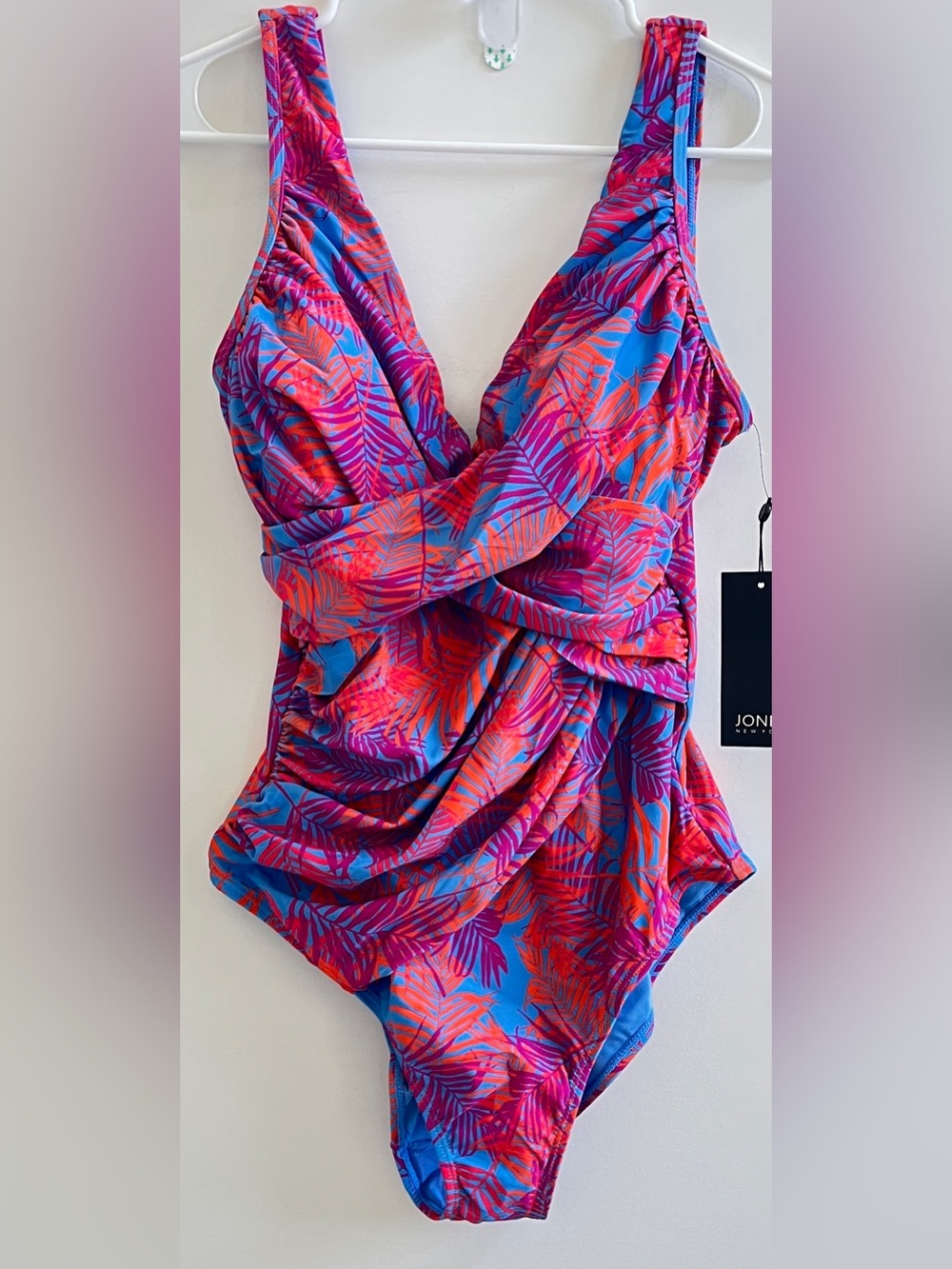 Jones New York Blue and Tropical Pink Palm Leaf Print One-Piece Swimsuit Size:L